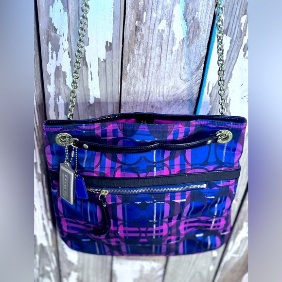Coach Poppy Tartan C Signature Design Navy/ Pink Plaid Handbag - Picture 1 of 16